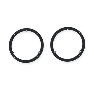 Pair of black front speaker adapters on a neutral studio background.