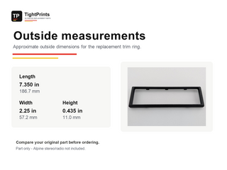 Alpine CD radio replacement bezel trim ring outside measurements graphic with length width and height