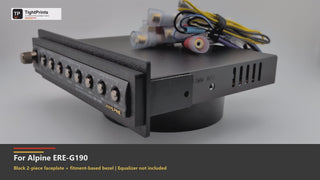 Video showing the Black TightPrints two-piece replacement faceplate and bezel fitted to an Alpine ERE-G190, followed by product details, faceplate-only measurements, fitment guidance, and custom-order information; equalizer not included