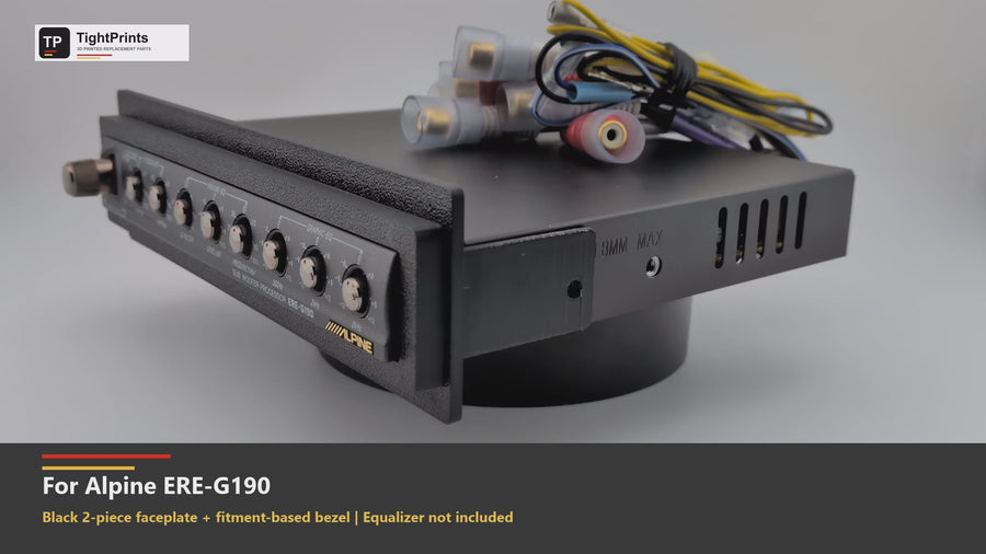 Video showing the Black TightPrints two-piece replacement faceplate and bezel fitted to an Alpine ERE-G190, followed by product details, faceplate-only measurements, fitment guidance, and custom-order information; equalizer not included