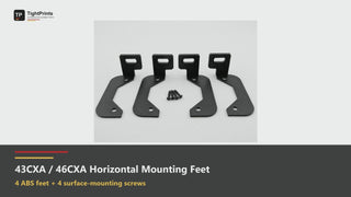 Foot-to-amplifier example on a Kicker CXA400.1: four separate amplifier-side fasteners secure the two demonstrated feet, and the final view shows all four feet. Those filmed fasteners are not included. The package includes four surface-mounting screws; surface mounting is not shown. Amplifier not included.