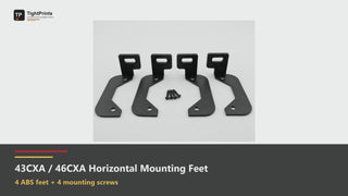 Installation and fitment example on a Kicker CXA400.1 amplifier. 4 screws fasten the 2 feet demonstrated. Final view shows all 4 feet on the amplifier. Amplifier not included.