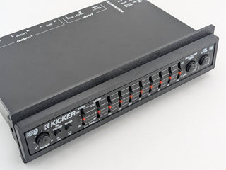 Kicker KQ9 equalizer with Black replacement faceplate and bezel installed, three-quarter fitment view; equalizer not included