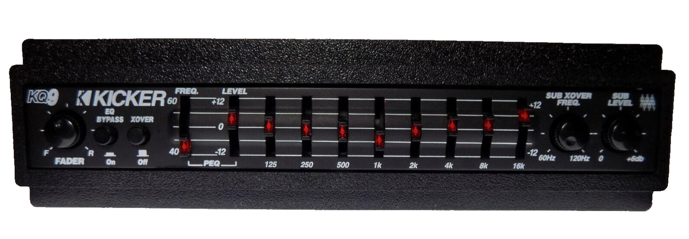 Kicker KQ9 equalizer with Black replacement faceplate and bezel installed, front fitment view; equalizer not included