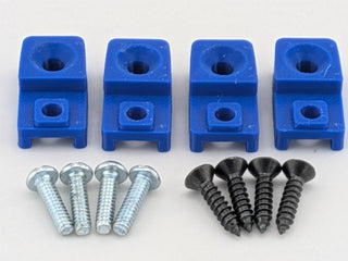 Blue TightPrints replacement amplifier mounting feet kit for compatible Kicker Stillwater Designs amplifiers, showing four feet and eight included screws