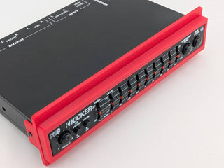 Kicker KQ9 equalizer with Red replacement faceplate and bezel installed, three-quarter fitment view; equalizer not included