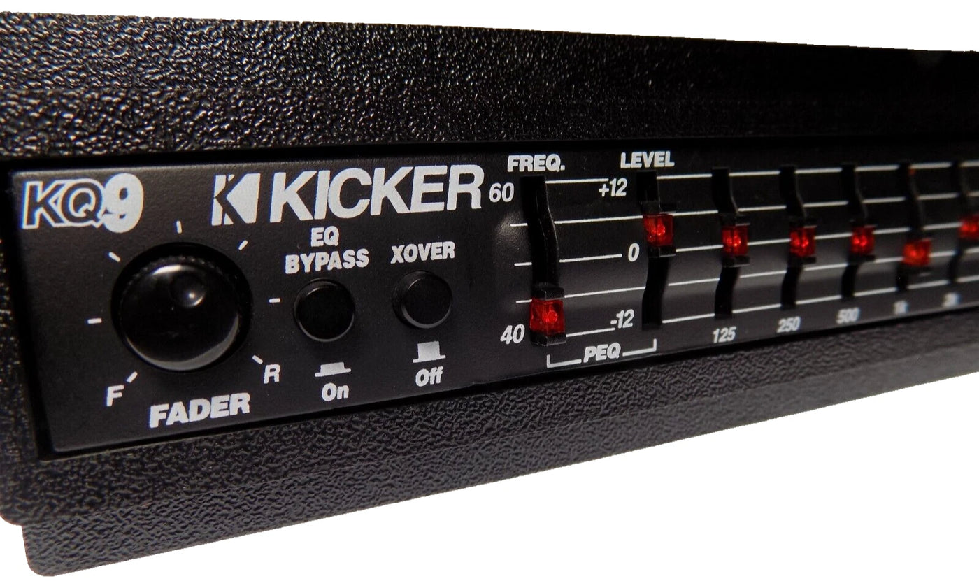 Kicker KQ9 equalizer with Black replacement faceplate and bezel installed, left-angle fitment view; equalizer not included