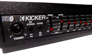 Kicker KQ9 equalizer with Black replacement faceplate and bezel installed, left-angle fitment view; equalizer not included