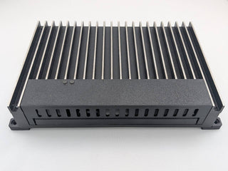 Front view of black replacement cover and mounting feet installed on a compatible Kicker amplifier; amplifier not included