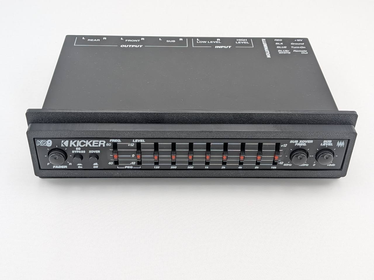 Kicker KQ9 equalizer with Black replacement faceplate and bezel installed, straight-on fitment view; equalizer not included